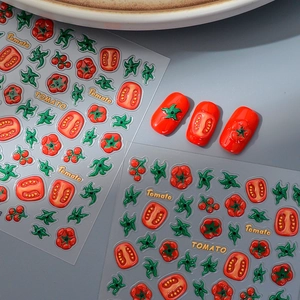 3D realistic tomato nail art stickers with vibrant red fruit and green leaf designs