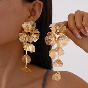 Flower Petal Tassel Long Drop Earrings With Rhinestones And 925 Sterling Silver Earring Post Copper Metal Mesh Elegant