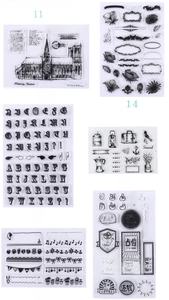 Clear silicone stamps with vintage icons, gothic letters, and floral designs for DIY journals