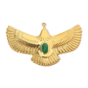 Detailed view of a golden eagle pendant featuring a green natural stone in the center