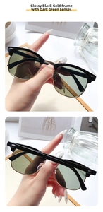 Detailed close-up of classic semi-rimless Clubmaster sunglasses with black and gold frames