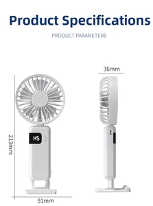 Detailed product dimensions of portable handheld fan showing 213mm height and 91mm width