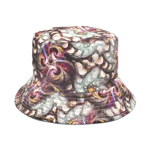 Detail view of the colorful fractal art pattern and stitching on a reversible bucket hat
