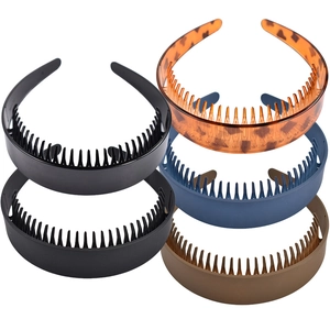Five plastic headbands with inner teeth in black, brown, tortoise, and blue colors