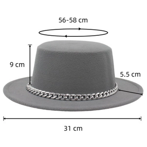 Detailed size chart for gray flat top hat with silver chain showing dimensions and fit