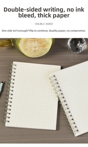 Close-up of A5 spiral notebook with ivory grid pages for smooth double-sided writing