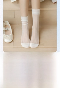 Detail of white transparent sheer crew socks showing slouched and straight styling