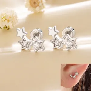 Sterne Knorpel Ohrring Mit Edelstahlstift Und Zirkonia Gewinde Schraubverschluss Damen Minimalistisch Silberfarben