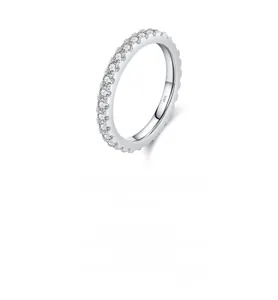 Detailed close-up of S925 sterling silver stamp and sparkling pave moissanite ring band