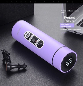 Detail view of purple smart thermos with LED temperature display on a business desk
