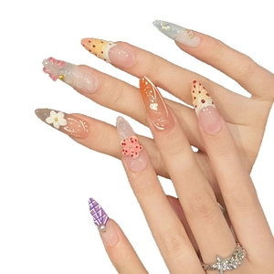 Handmade long almond press-on nails with 3D floral art and colorful macaron gradients