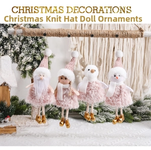 Pink Christmas plush ornaments set featuring Santa, Reindeer, and Snowman details