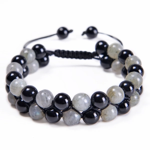 Double Layer Natural Stone Beaded Bracelet Moonstone Labradorite Obsidian Adjustable Hand Braided Woven Jewelry For Unisex