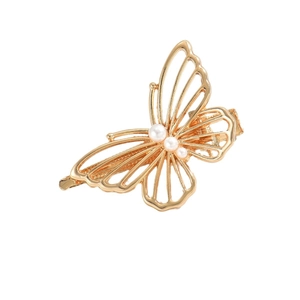 Elegant gold hollow butterfly hair clip with three white pearls on a clean white background