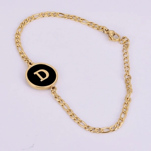 Gold stainless steel chain bracelet with a round black enamel letter D pendant charm