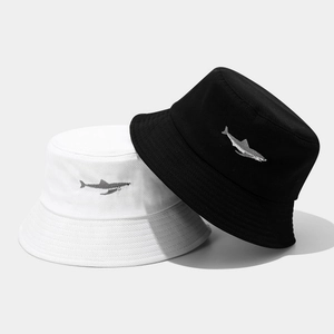Shark Embroidery Cotton Bucket Hat Sun Protection Breathable Outdoor Hiking Fishing Travel Cap For Men Women