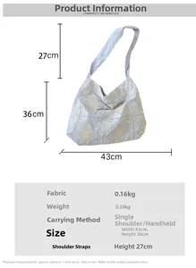 Detailed size chart of light blue fabric tote bag with white floral embroidery specs