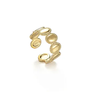 French Vintage 14K Gold Plated Stainless Steel Adjustable Ring For Women Beaded Scalloped Oval Link Open Finger Ring Fashion Jewelry Gift