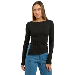 Women's chic black long sleeve top featuring ruched hollow out design and split hem