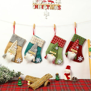 Christmas Stocking Hanging Decoration Burlap Linen Gift Bag Gnome HO HO HO Embroidery Holiday Party Home Decor Rustic