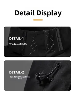 Details des winddichten Kordelzugs und der Ärmelbündchen an der schwarzen Outdoorjacke