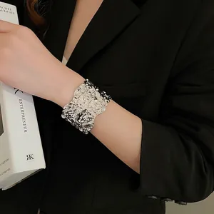 Irregular Crumpled Texture Wide Cuff Bracelet Alloy Metal Open Bangle Minimalist Punk Style Jewelry For Women