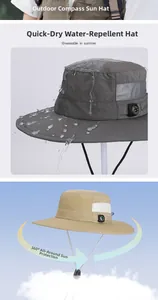 Detail view of water-resistant sun hat with integrated compass and breathable mesh vents