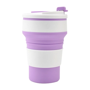 Collapsible silicone travel mug in purple and white with heat-insulated grip and lid