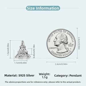 Detailed size view of S925 sterling silver Eiffel Tower charm next to a coin