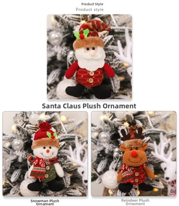 Detail of Christmas plush pendants showing Santa, Snowman and Reindeer on a tree