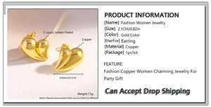 Detailed view of polished heart earrings in 18K gold plated copper with size measurements