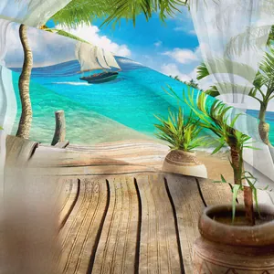 Détail montrant la texture du tissu haute densité et l'imprimé d'île tropicale de la tapisserie