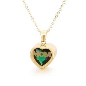 Gold heart necklace with MOM engraving and emerald green birthstone for Mother's Day