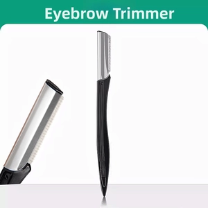 Detail of black eyebrow razor with stainless steel protective mesh for safe grooming