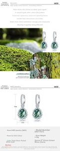 Detailed specs of pear-shaped green moss agate earrings with S925 sterling silver settings
