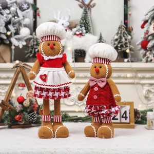 Christmas Gingerbread Man Knitted Plush Doll With Retractable Legs Chef Outfit Standing Ornament Home Window Party Decor