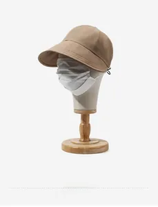 Side view detail of a khaki wide brim sun hat with a protective mask on a mannequin head