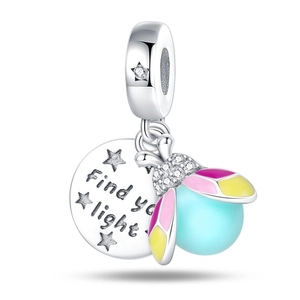 Detail of silver firefly charm with blue bead and 'Find your light' engraving