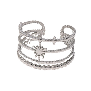 Silver multi-layer stainless steel ring with beaded bands and sunburst center motif