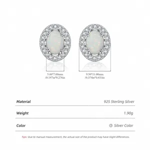 925 Sterling Silver oval opal stud earrings with white zircon accents and dimensions