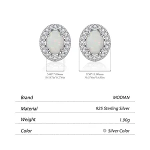 925 Sterling Silver oval opal stud earrings with white zircon accents and dimensions
