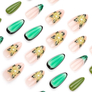 Almond shaped press-on nails with tropical 3D floral art and olive green gradient finish