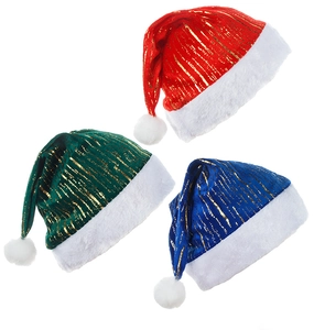 Trois bonnets de Noël en velours rouge vert et bleu avec rayures dorées et fourrure