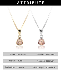 Detailed spec sheet for S925 sterling silver necklaces with champagne triangle pendants