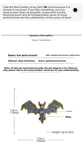 Detailed size specifications of the vintage bat brooch with blue rhinestones and alloy frame