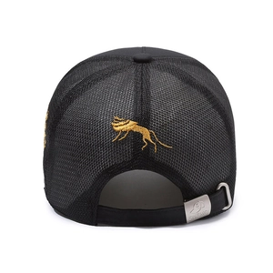 Breathable mesh baseball cap with gold embroidered lion and adjustable metal buckle