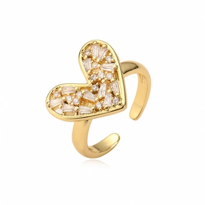 Gold plated heart ring with sparkling cubic zirconia and adjustable open band design