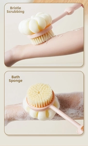 Long handle dual-sided bath brush with soft bristles and mesh sponge for back cleaning