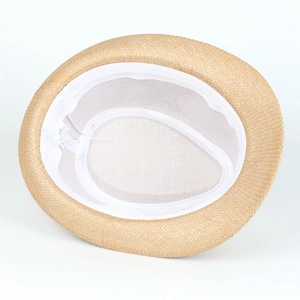Detail view of straw hat interior showing 100% paper material label and size 58 tag