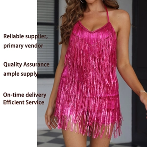 Sleeveless pink fringe halter mini dress for party featuring shimmering tassel details